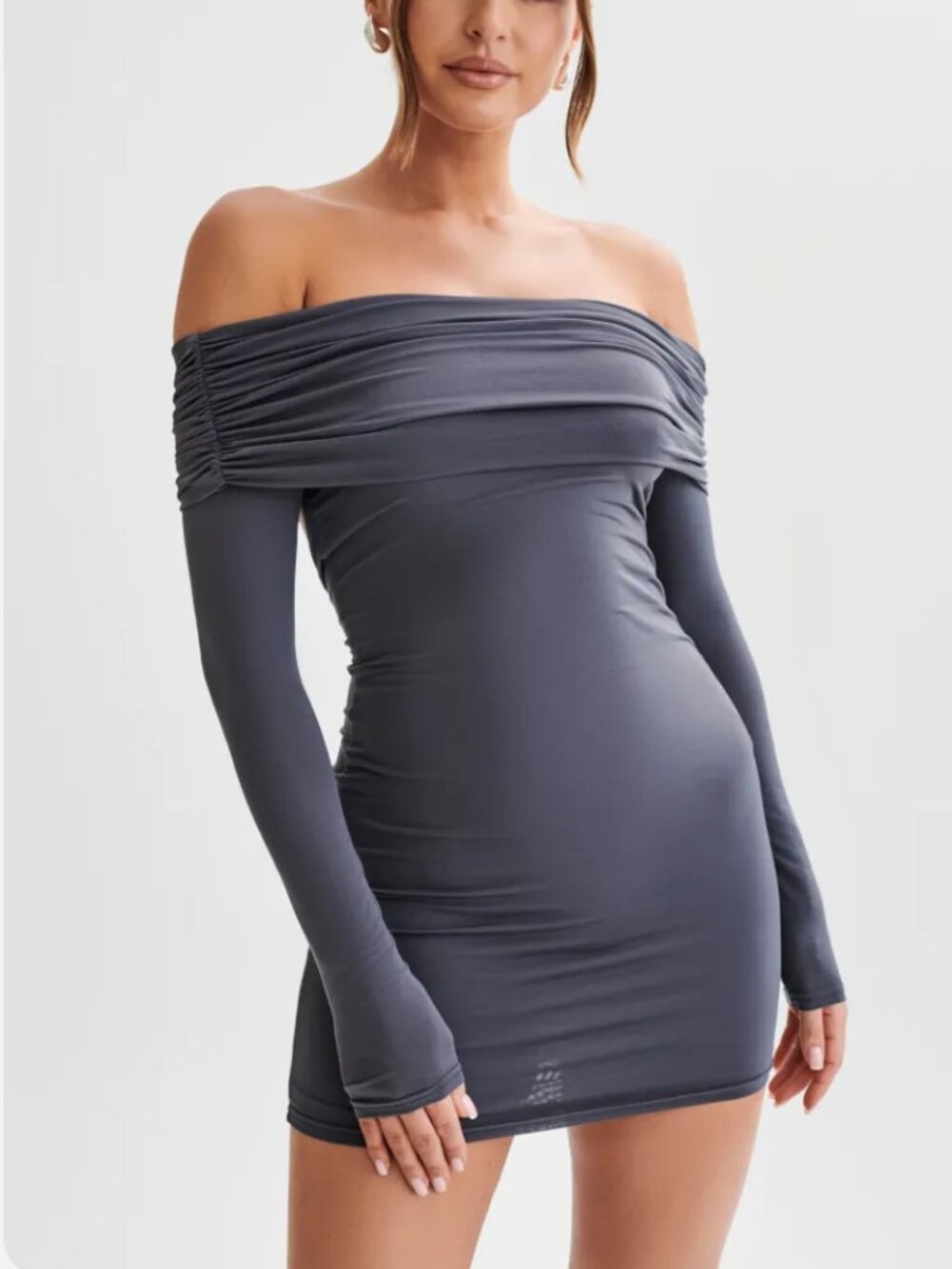 NWT MESHKI Nicky Off Shoulder Slinky Mini Dress - Charcoal